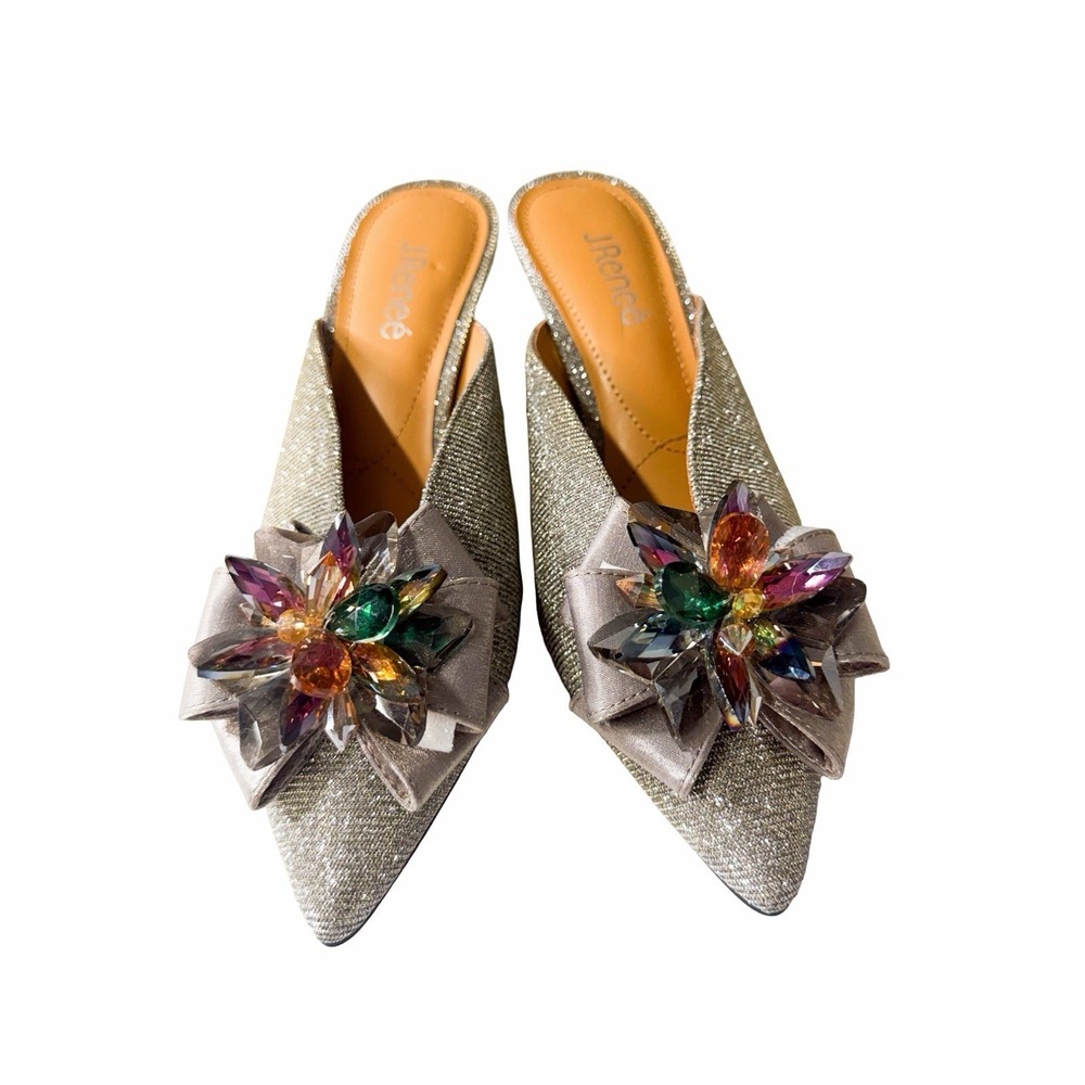 J. Renee Womens 9W Silver Glitter Heels Pointed Toe Jeweled Bow Slip On Pumps